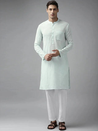Fabmade Men Sky Blue Cotton Linen Kurta Pyjama