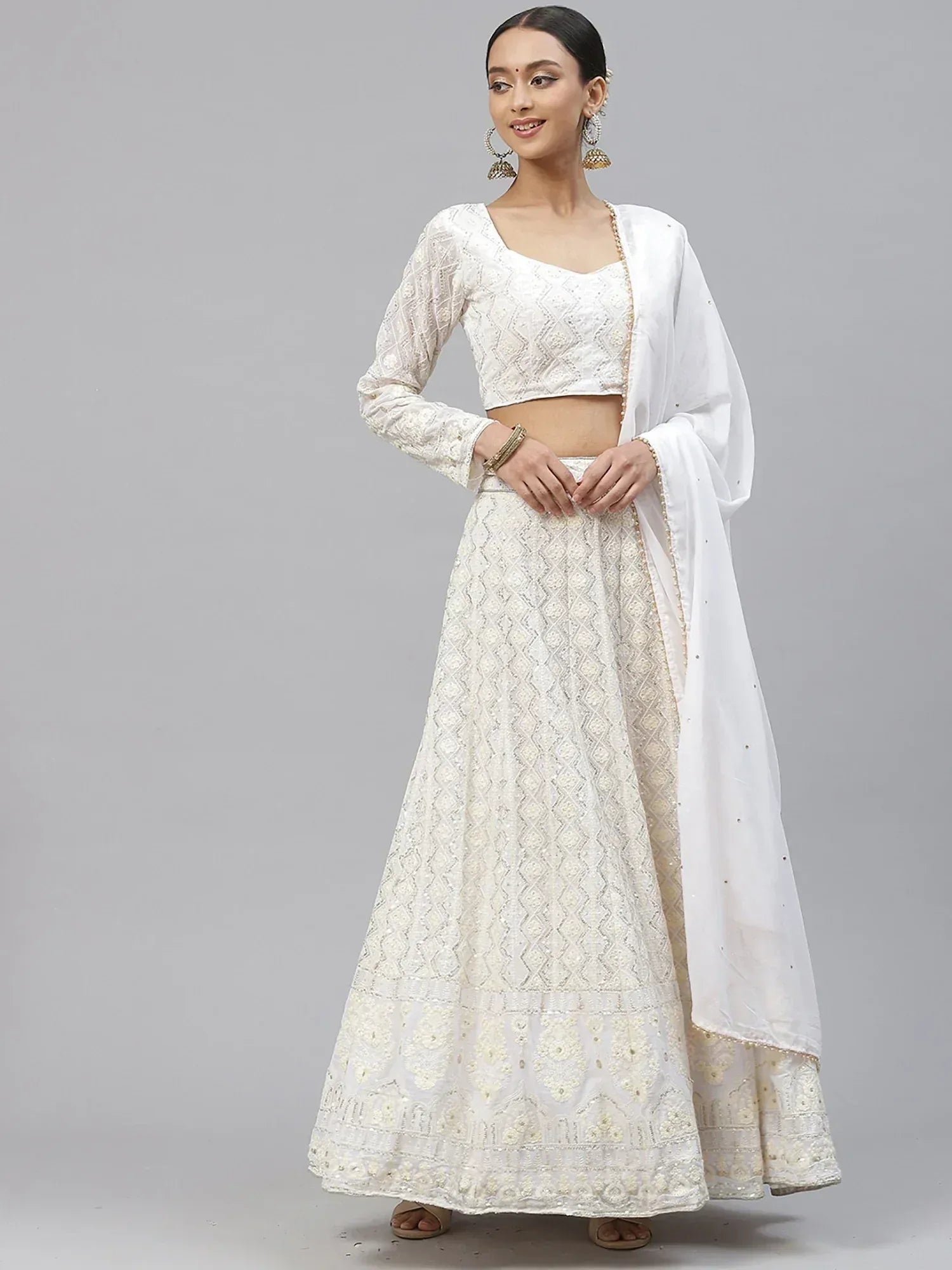 Tulsi Art Impressive White Sequins Bridesmaid Monochrome Lehenga Choli - Dista