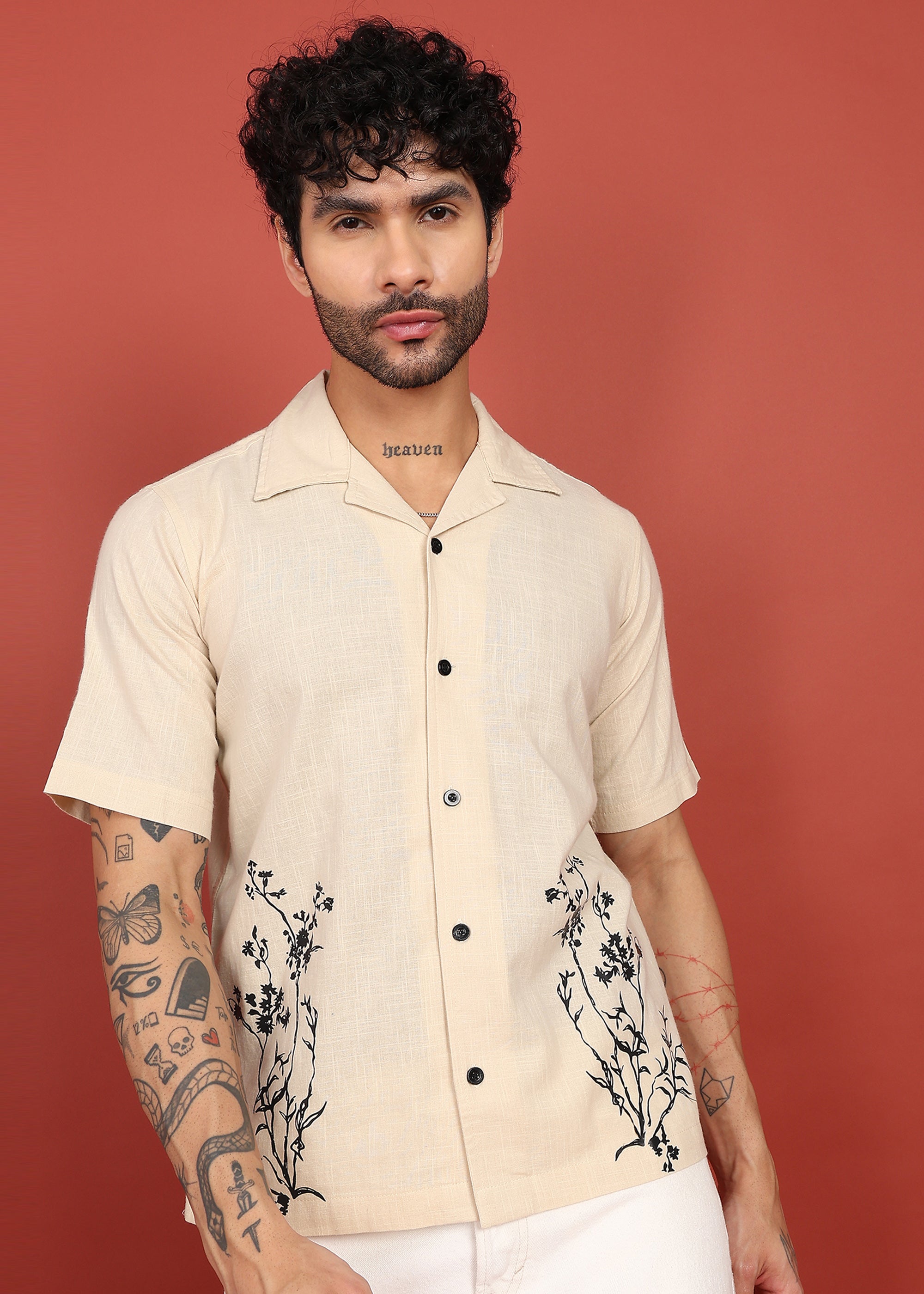 Fabmade Beige Bloom Embroidered Resort Shirt - Distacart