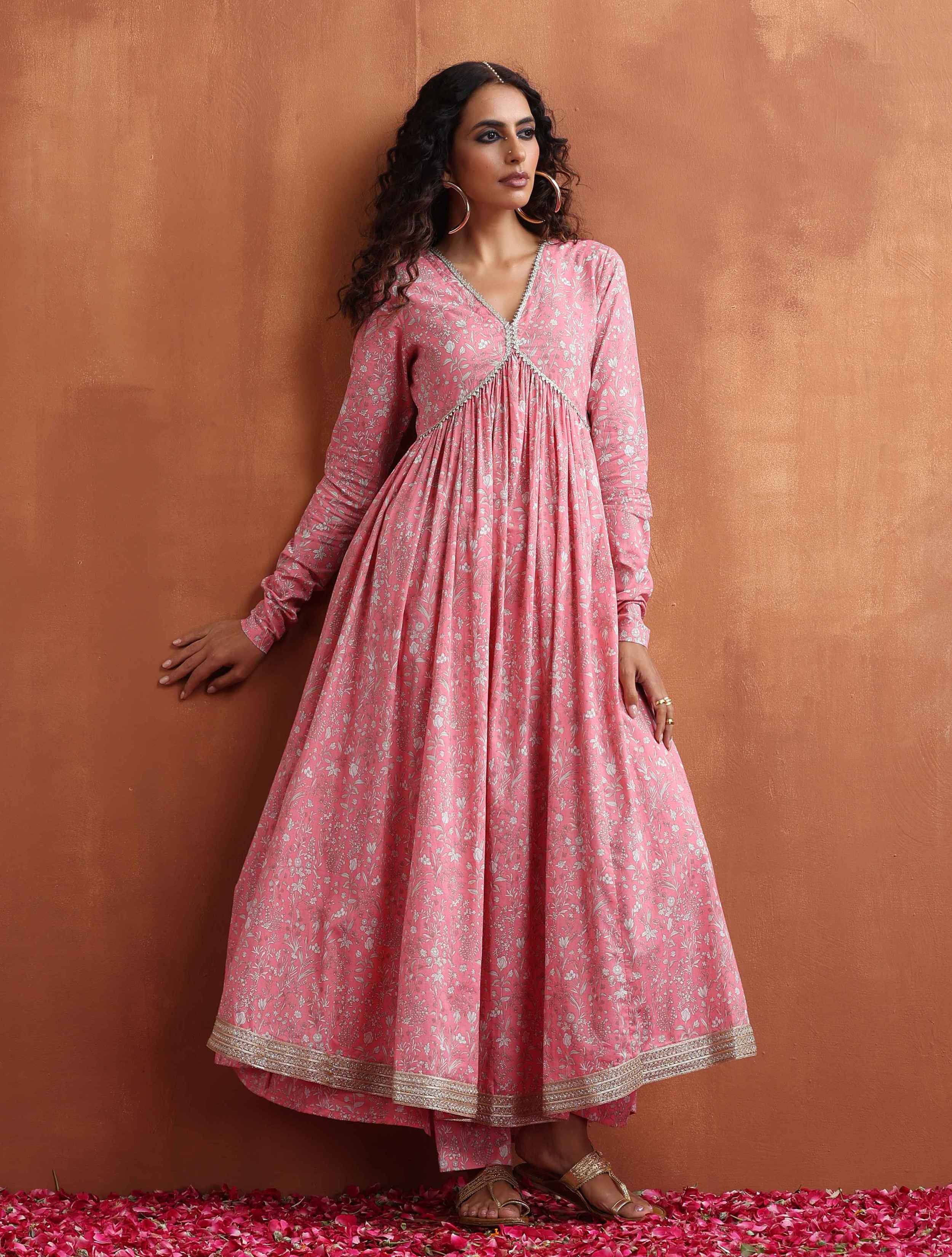 trueBrowns Pink Print Flared Anarkali Kurta Set - Distacart