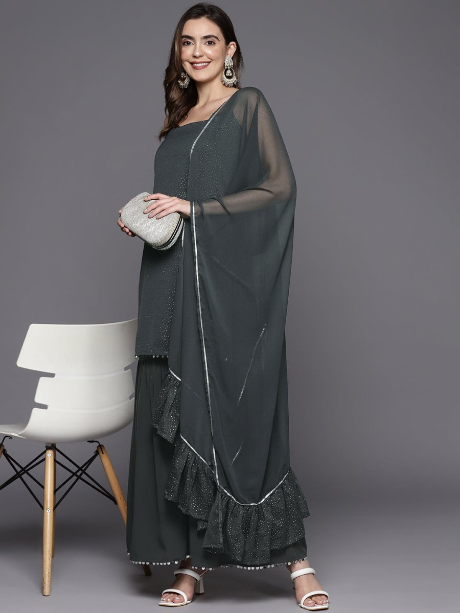 Ahalyaa Printed Regular Gotta Patti Kurti With Sharara & Dupatta - Distacart