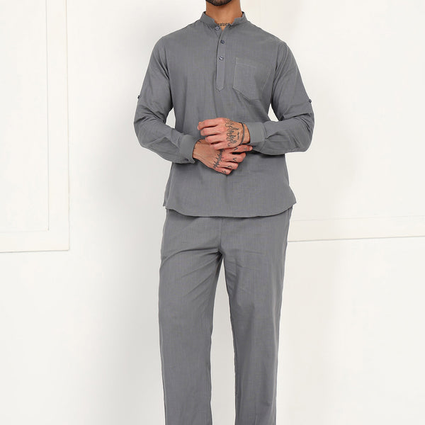 Fabmade Slate Grey Linen Short Kurta Co-Ord Set - Distacart