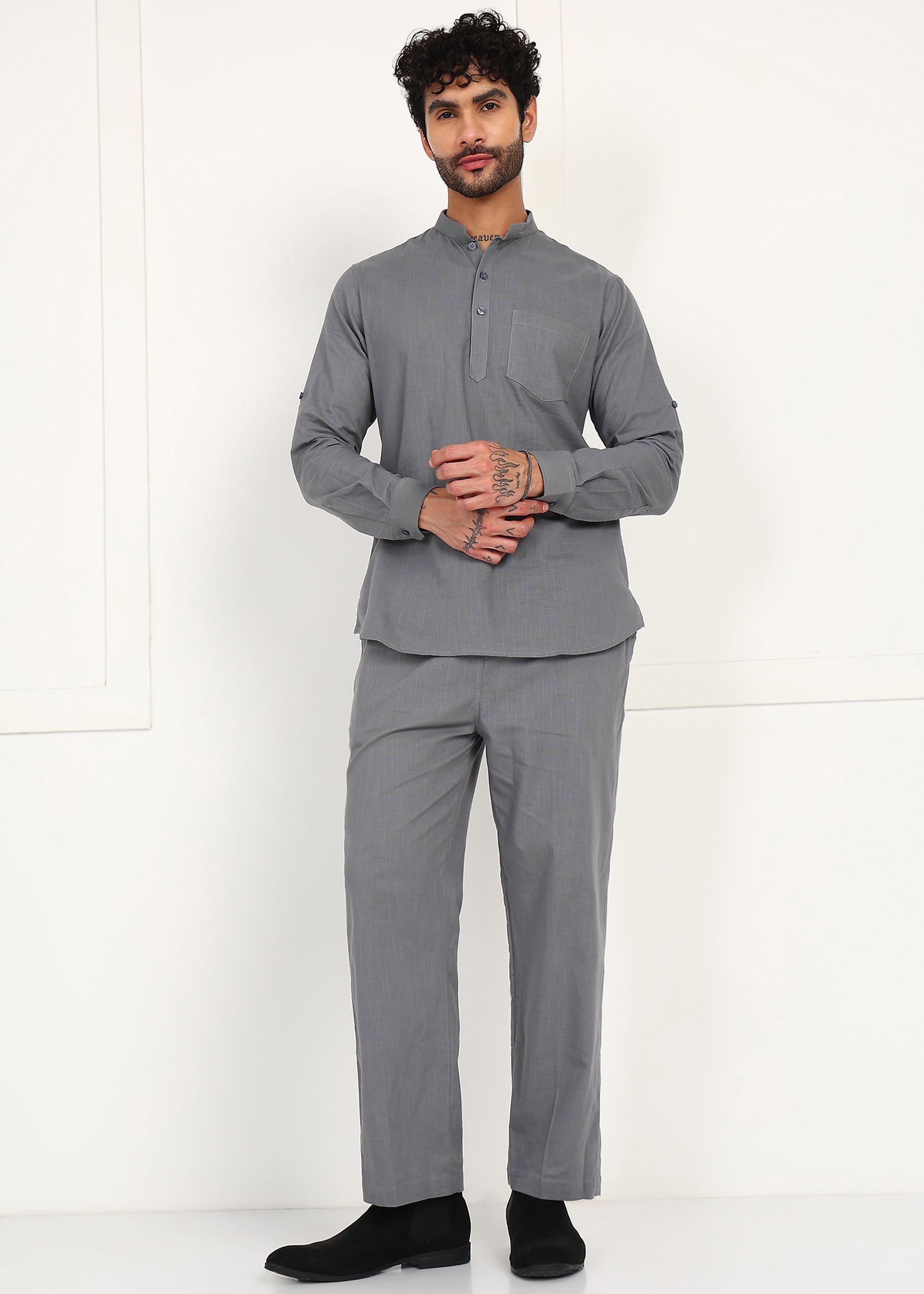 Fabmade Slate Grey Linen Short Kurta Co-Ord Set - Distacart