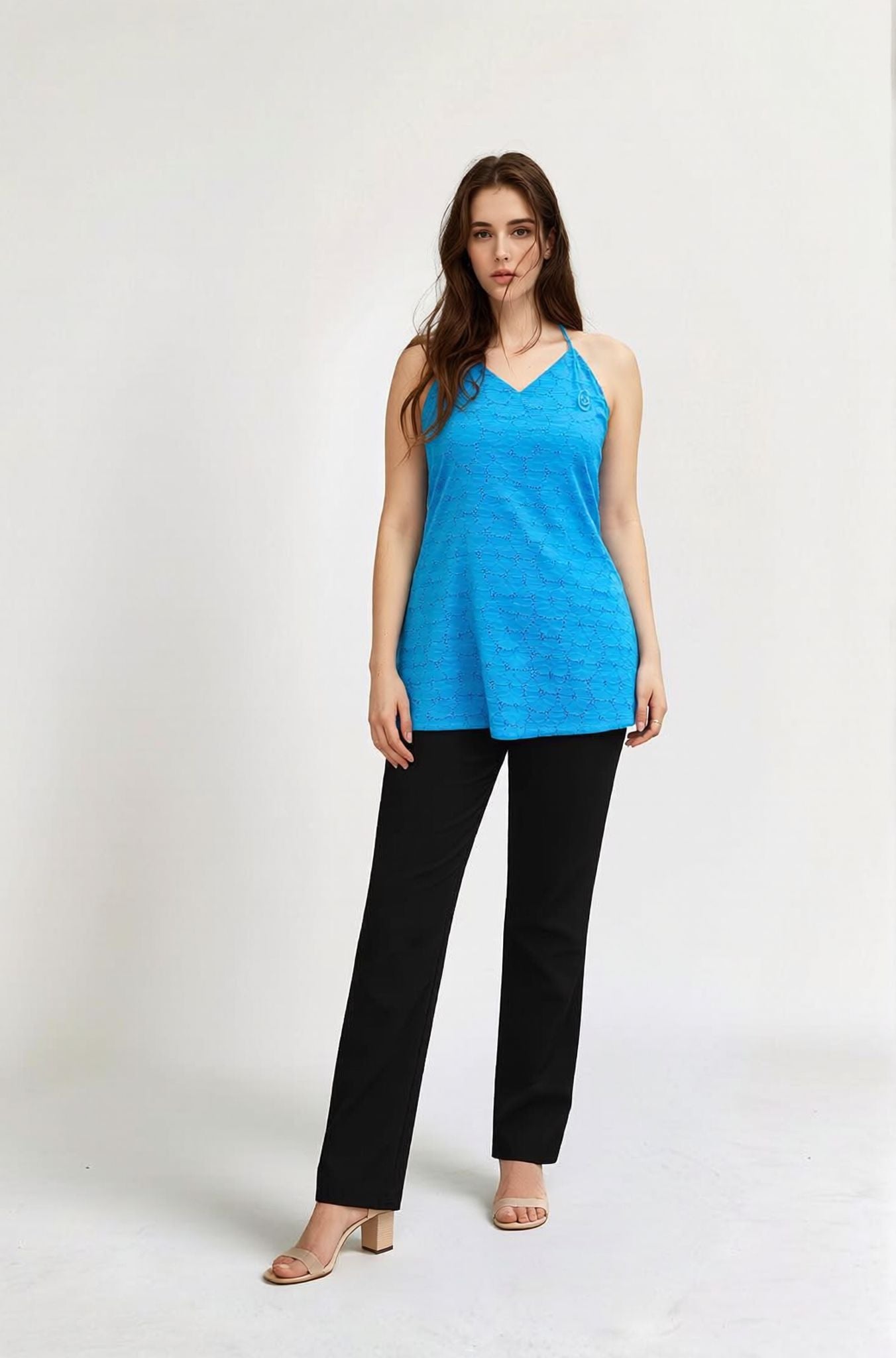 Myshka Women Blue Schiffili Work Halter Neck Longline Top - Dista