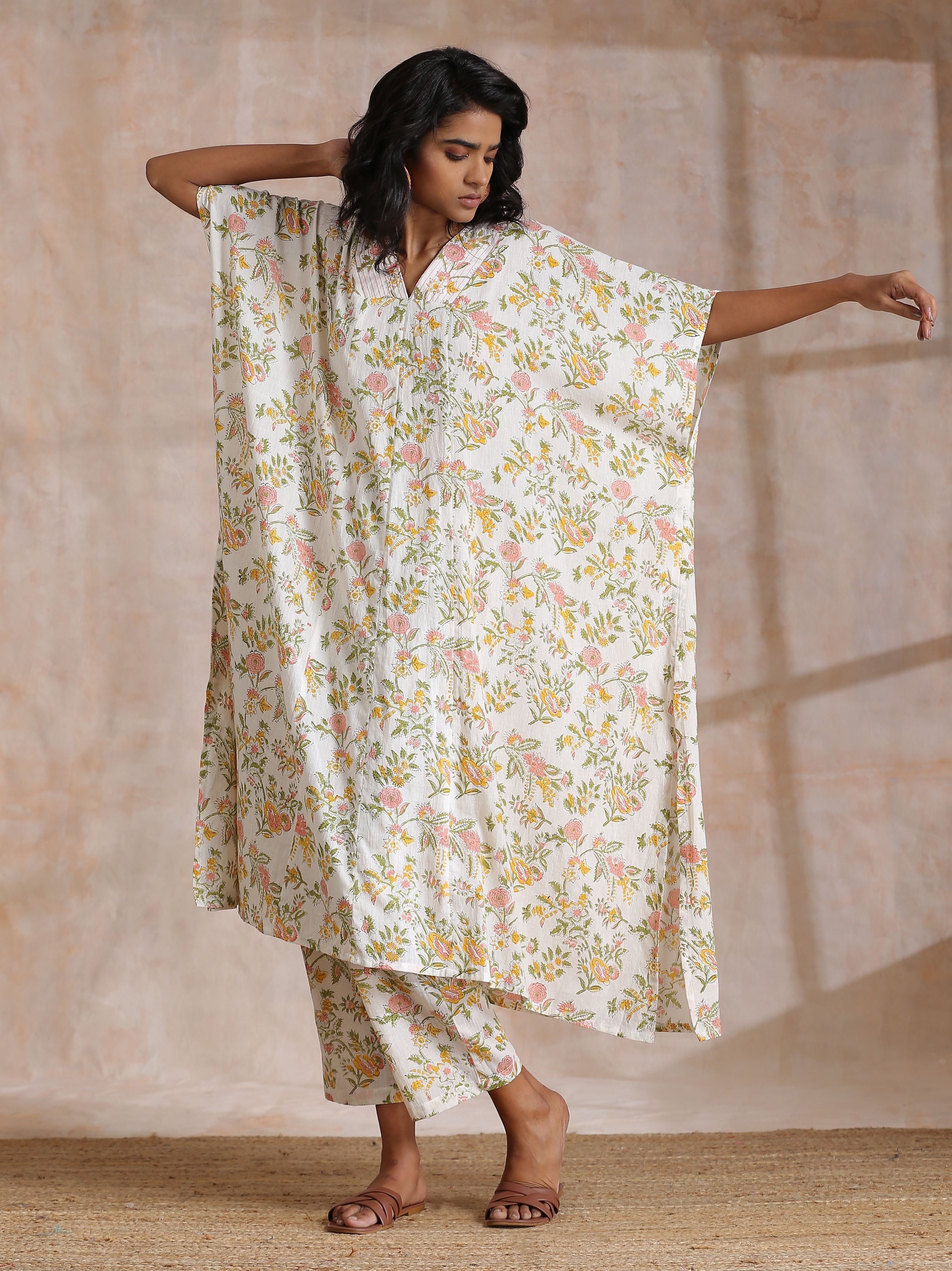 trueBrowns Pink Yellow Floral On White Block Print Cotton Panel Kaftan Kurta Pant Set - Distacart