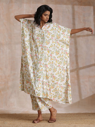 trueBrowns Pink Yellow Floral On White Block Print Cotton Panel Kaftan Kurta Pant Set - Distacart