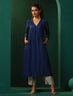 Thumbnail for trueBrowns Blue Silk Angrakha Kurta Pant Set - Distacart