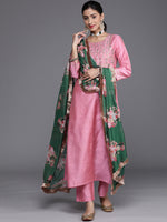 Thumbnail for Varanga Solid Kurta With Yoke Zari Sequins Embroidery Paired With Solid Pant And A Beautiful Organza Floral Dupatta With Zari Tassel