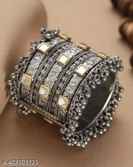 Thumbnail for Tehzeeb Creations Women's Silver Colour Oxidised Bangle With Kundan