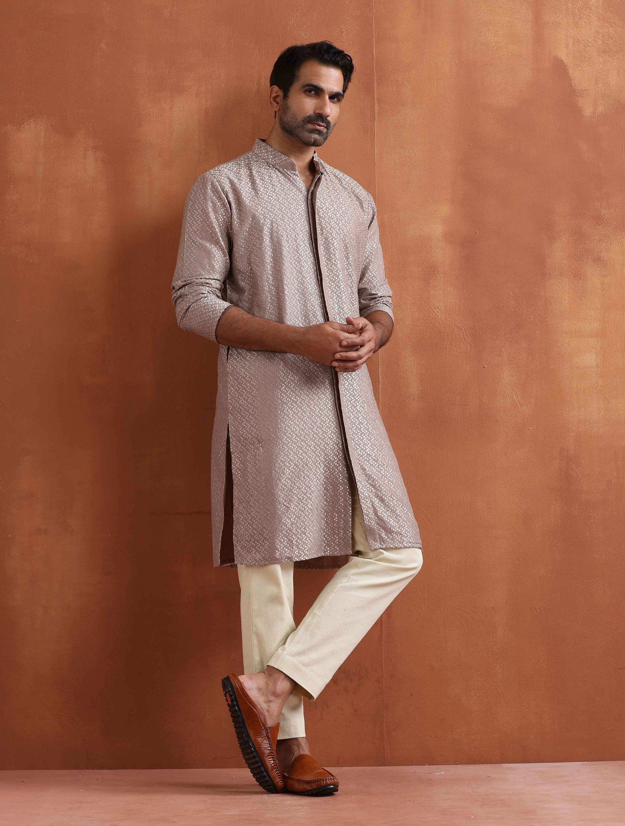 trueBrowns Men's Beige Cotton Dobby Kurta - Distacart