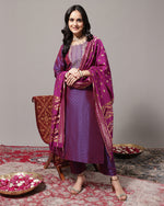 Thumbnail for Varanga Women Voilet Zari Embroidered Kurta With Three Quater Sleeves Paired With Tonal Bottom And Dupatta - Distacart