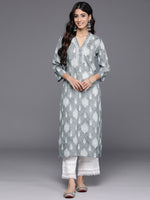 Thumbnail for Varanga Women Grey 3/4Th Sleeve, V Neck Collared Kurta - Distacart