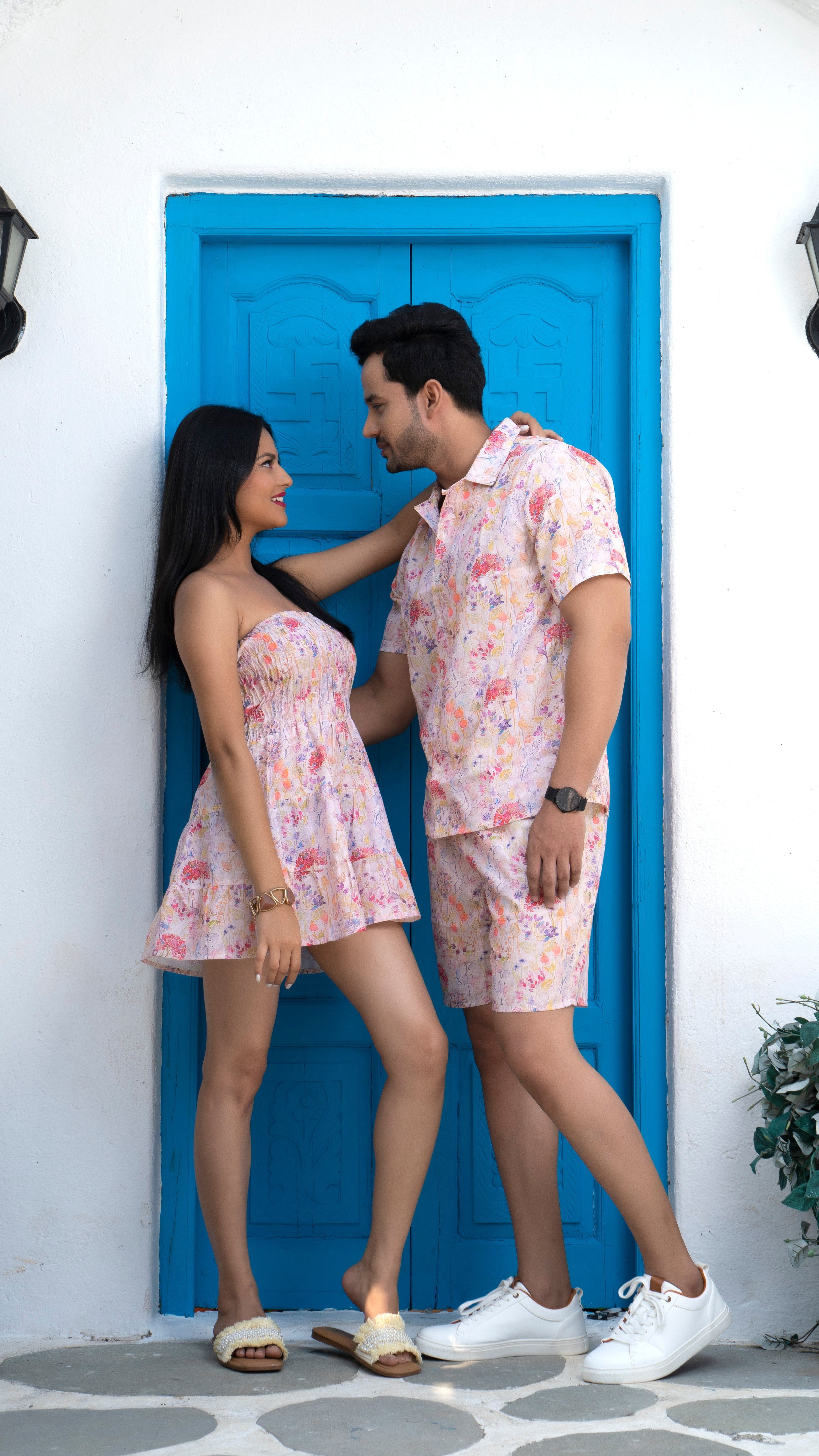 Noroke Sustainable fabric | Linen Cotton Linen White Floral Couple Co-ord Set - Distacart