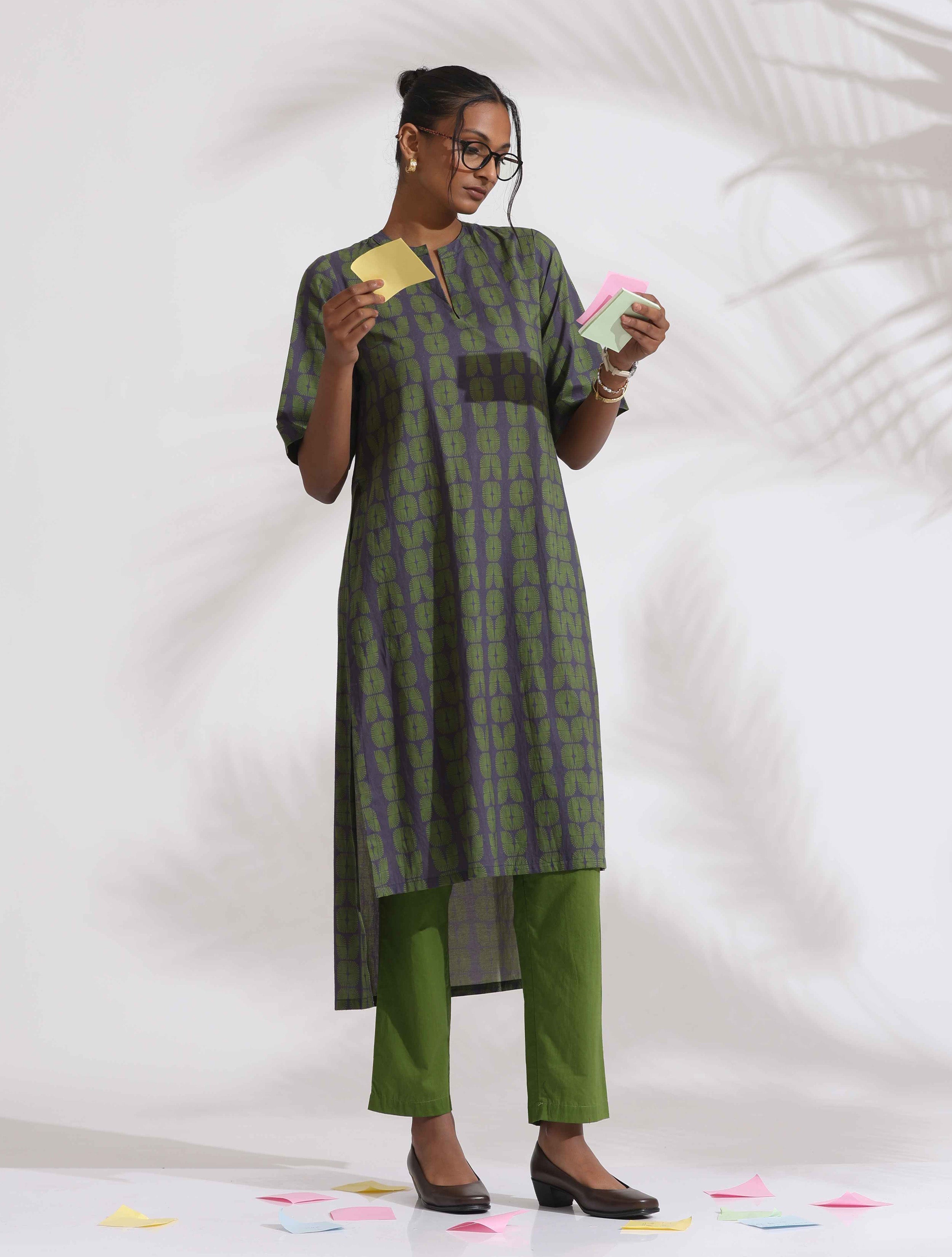 trueBrowns Grey Cotton Print Highlow Kurta Set - Distacart