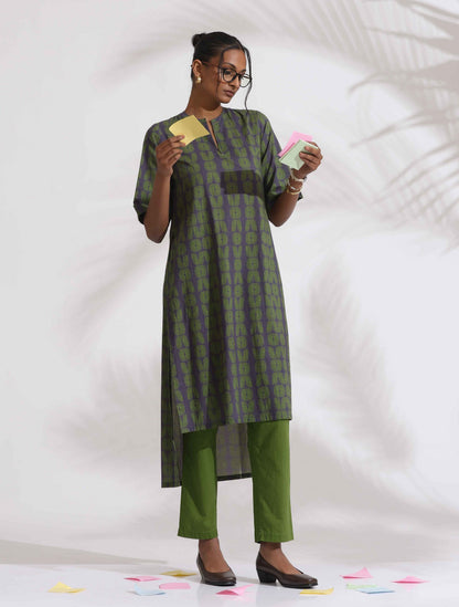 trueBrowns Grey Cotton Print Highlow Kurta Set - Distacart
