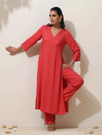 Thumbnail for trueBrowns Coral Viscose Solid Kurta Pant Set