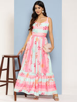 Thumbnail for Ahalyaa Striped Floral Print Crepe Maxi Ethnic Dress - Distacart