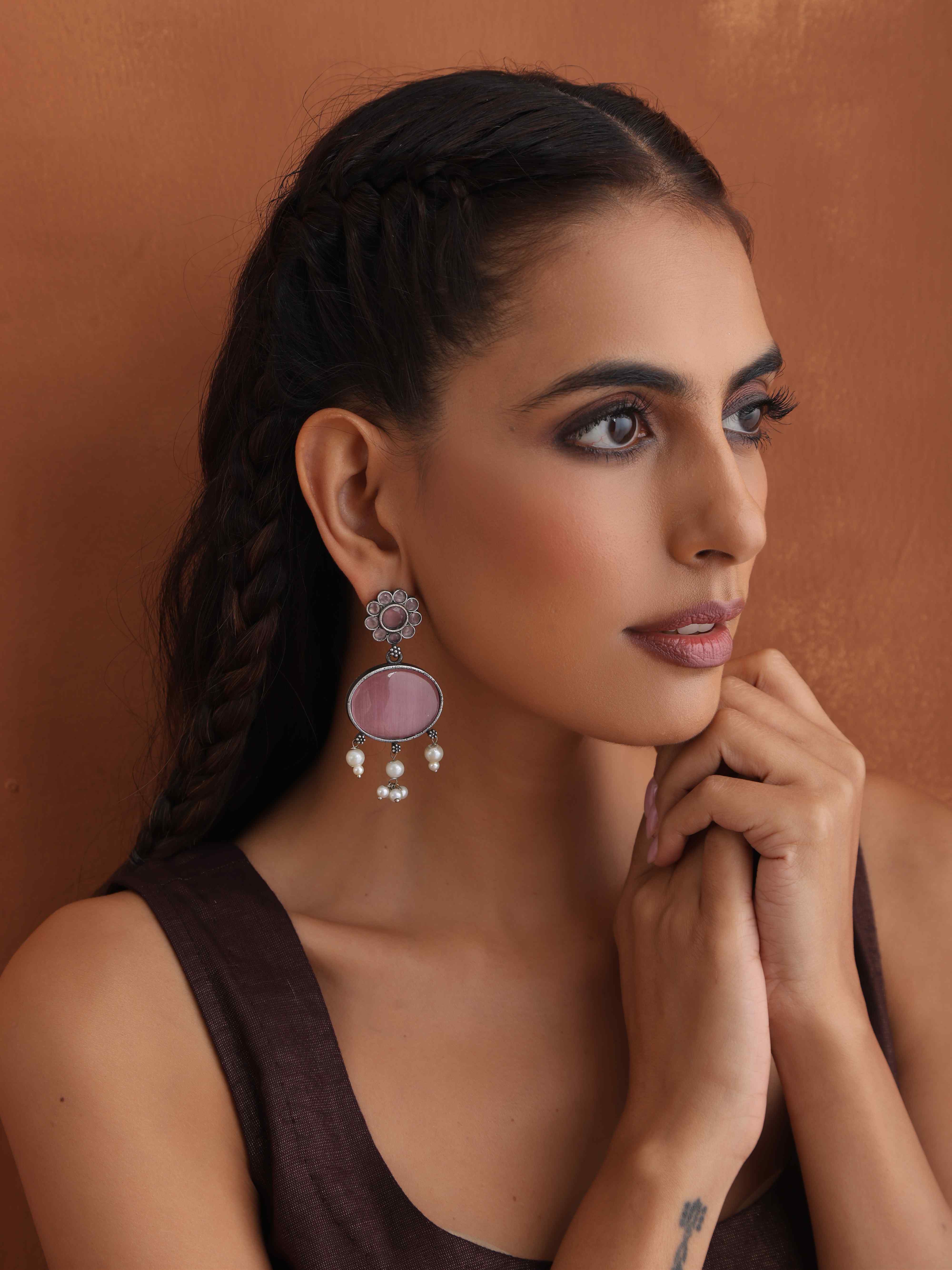 trueBrowns Silver Tone Pink Stone Dangle Earrings - Distacart