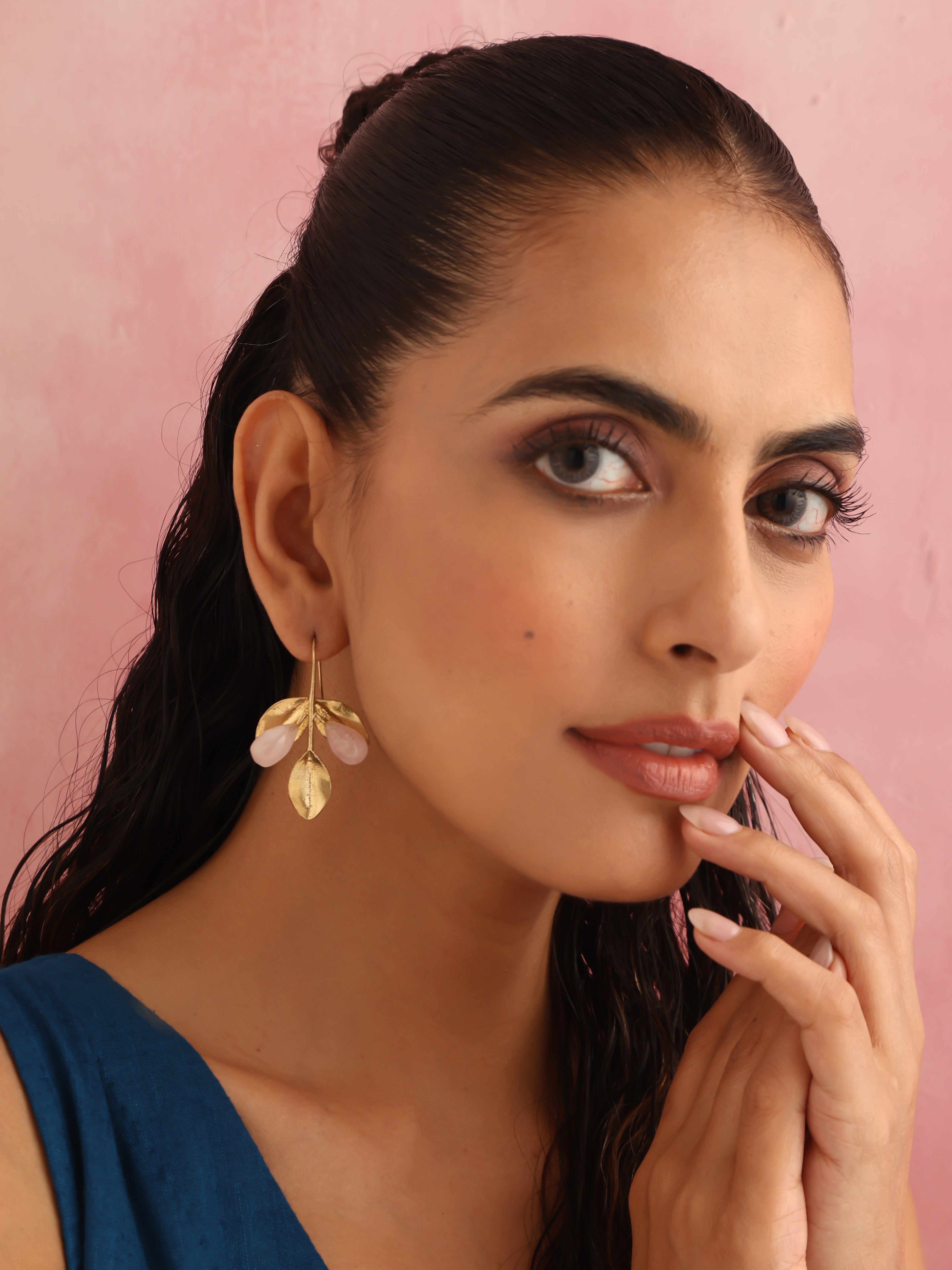 trueBrowns Brass Crystal Leaf Earrings - Distacart