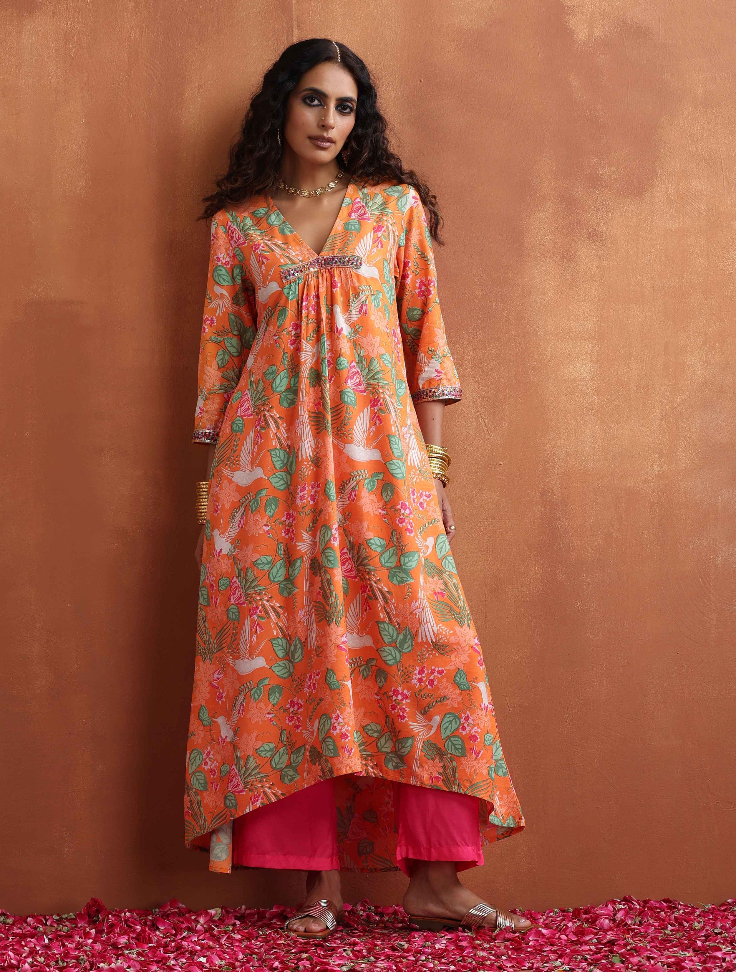 trueBrowns Orange Floral Print A-line Kurta Set - Distacart