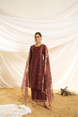 BulBul Women Maroon Embellished Premium Silk Ethenic A-Line Kali Suit With Dupatta