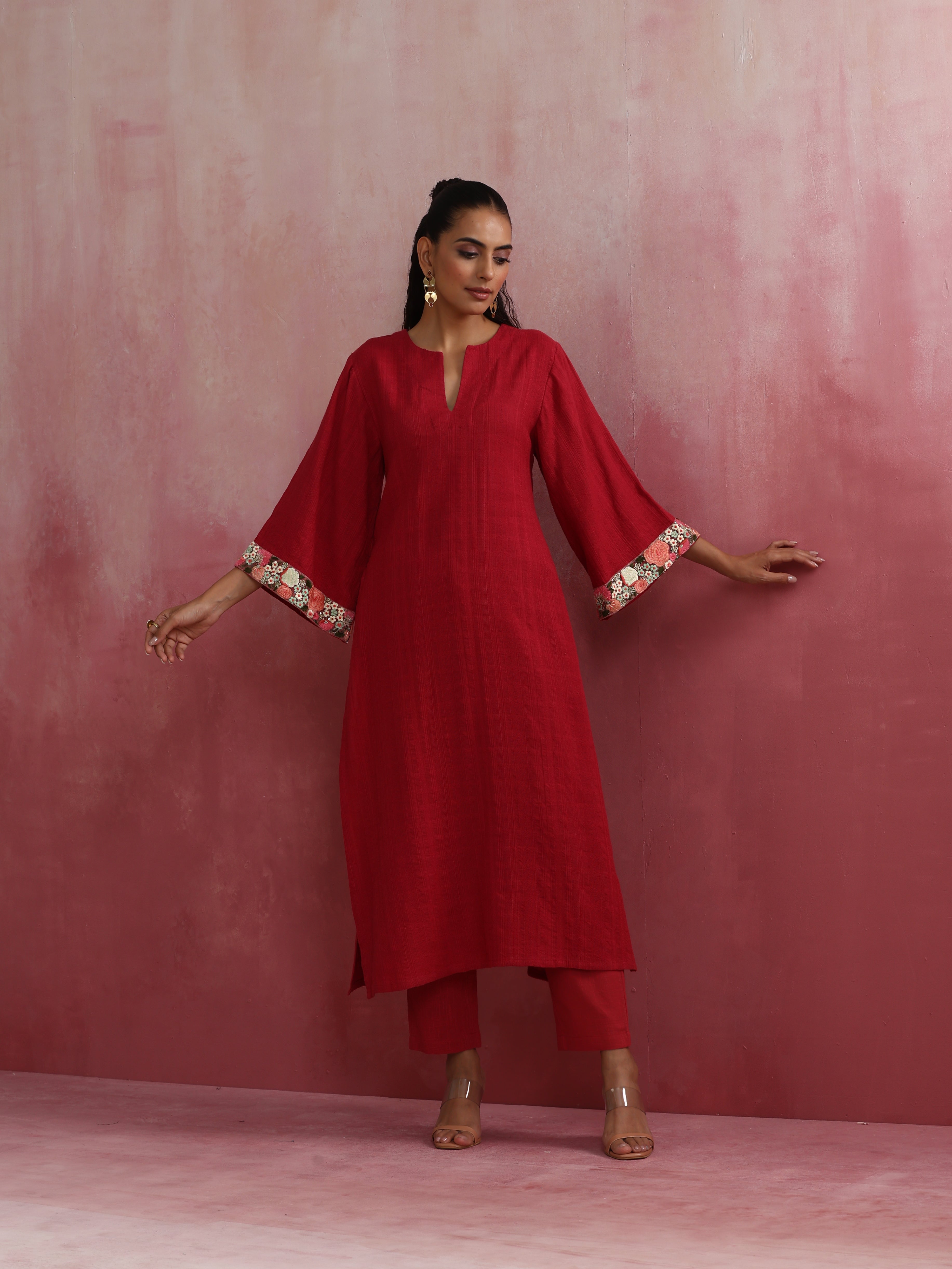 trueBrowns Red Straight Cotton Dobby Kurta Set - Distacart