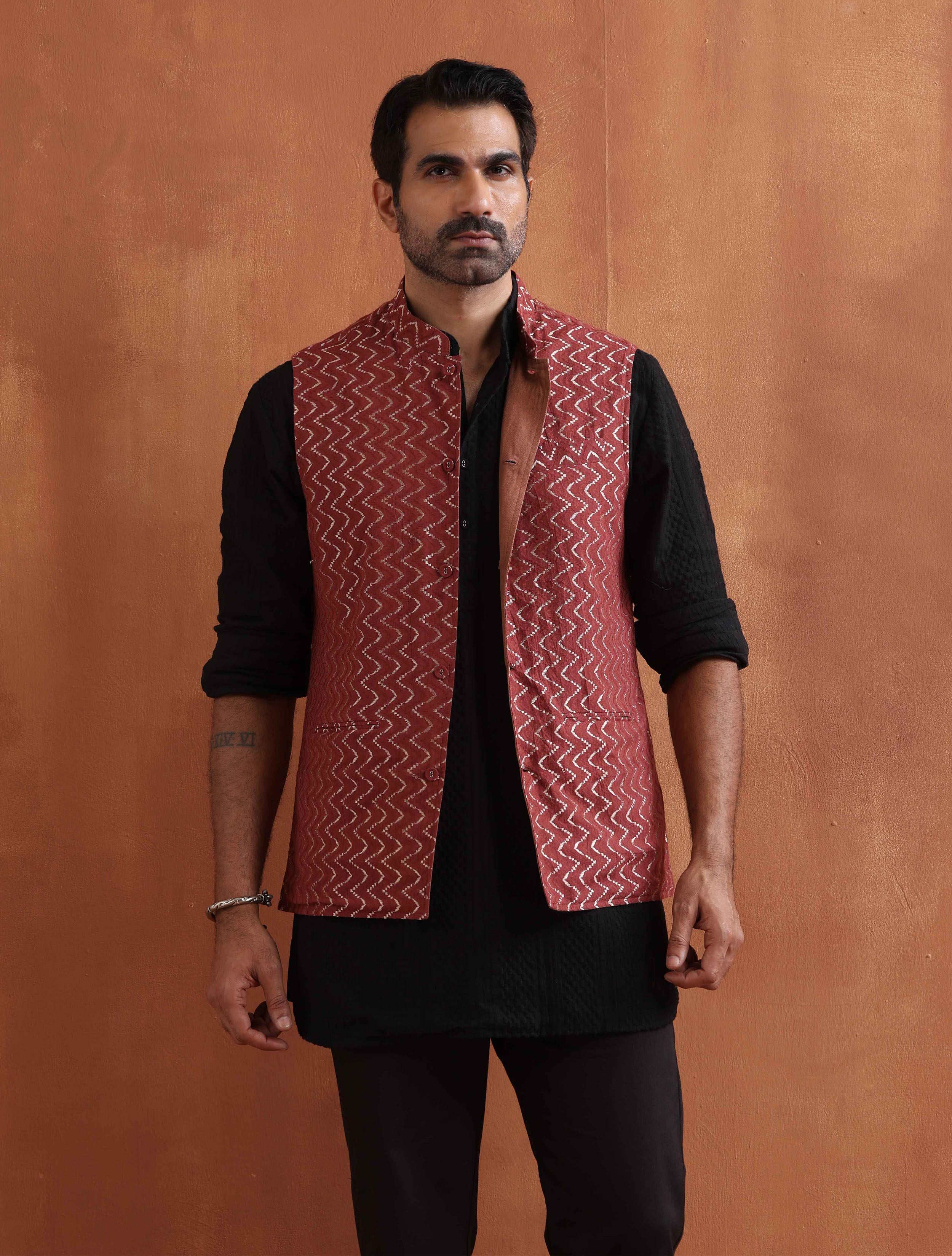 trueBrowns Men's Rust Cotton Dobby Nehru Jacket - Distacart