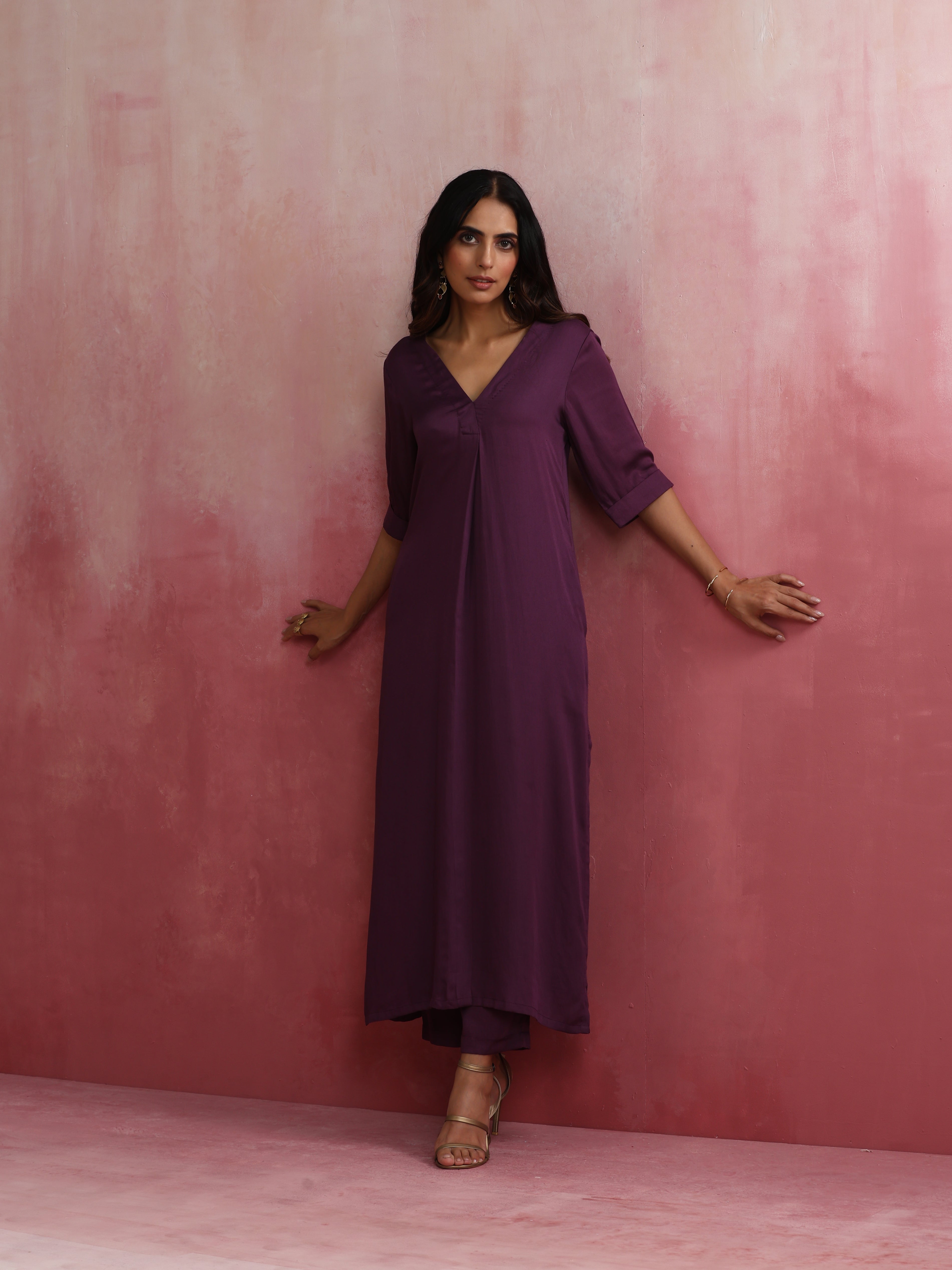 trueBrowns Purple Modal Pleated Kurta Set - Distacart