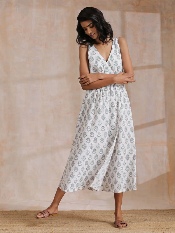 trueBrowns Green Buta On White Block Print Cotton Sleeveless Wrap Dress - Distacart
