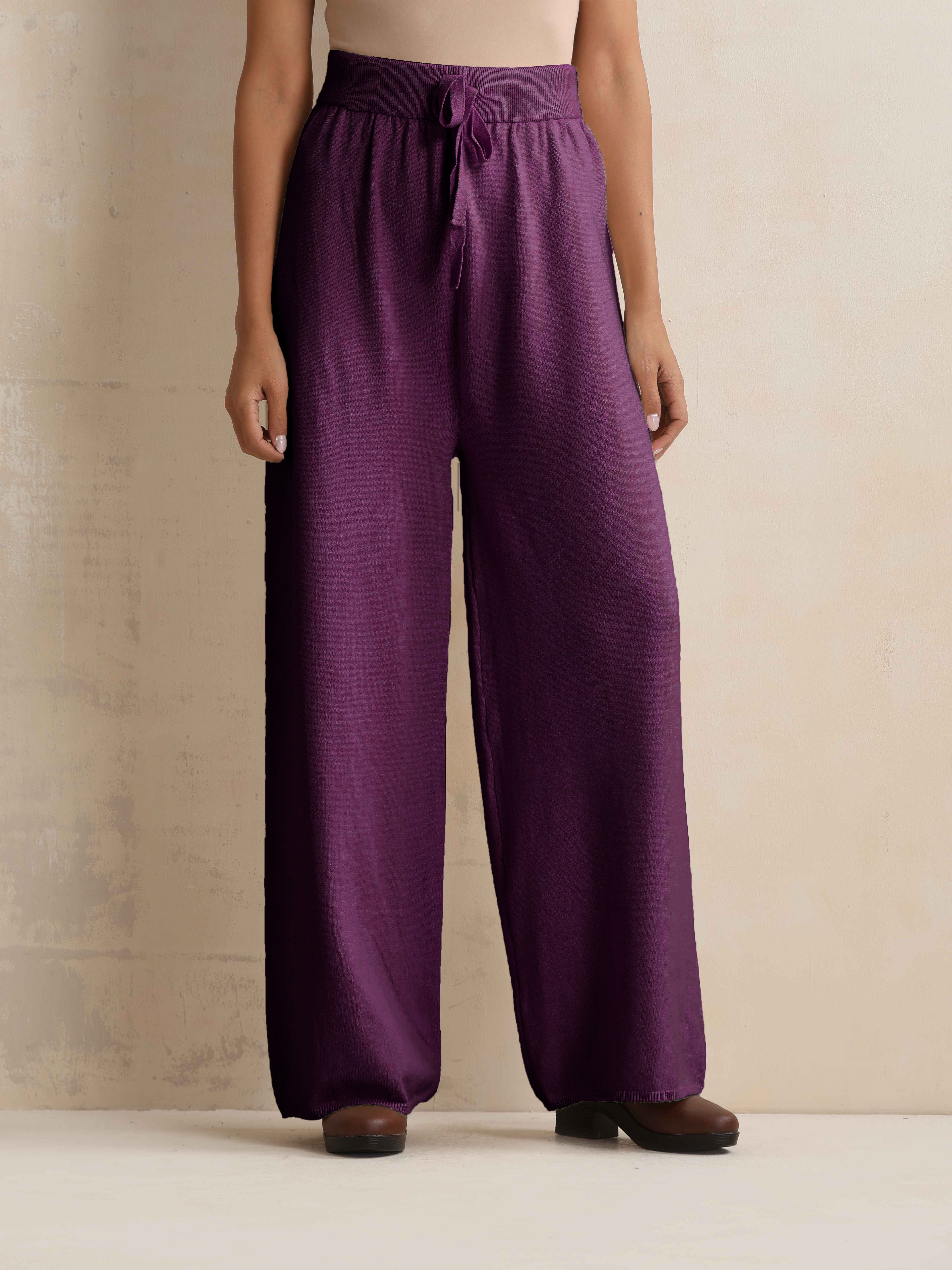 trueBrowns Purple Woollen Flared Pants - Distacart