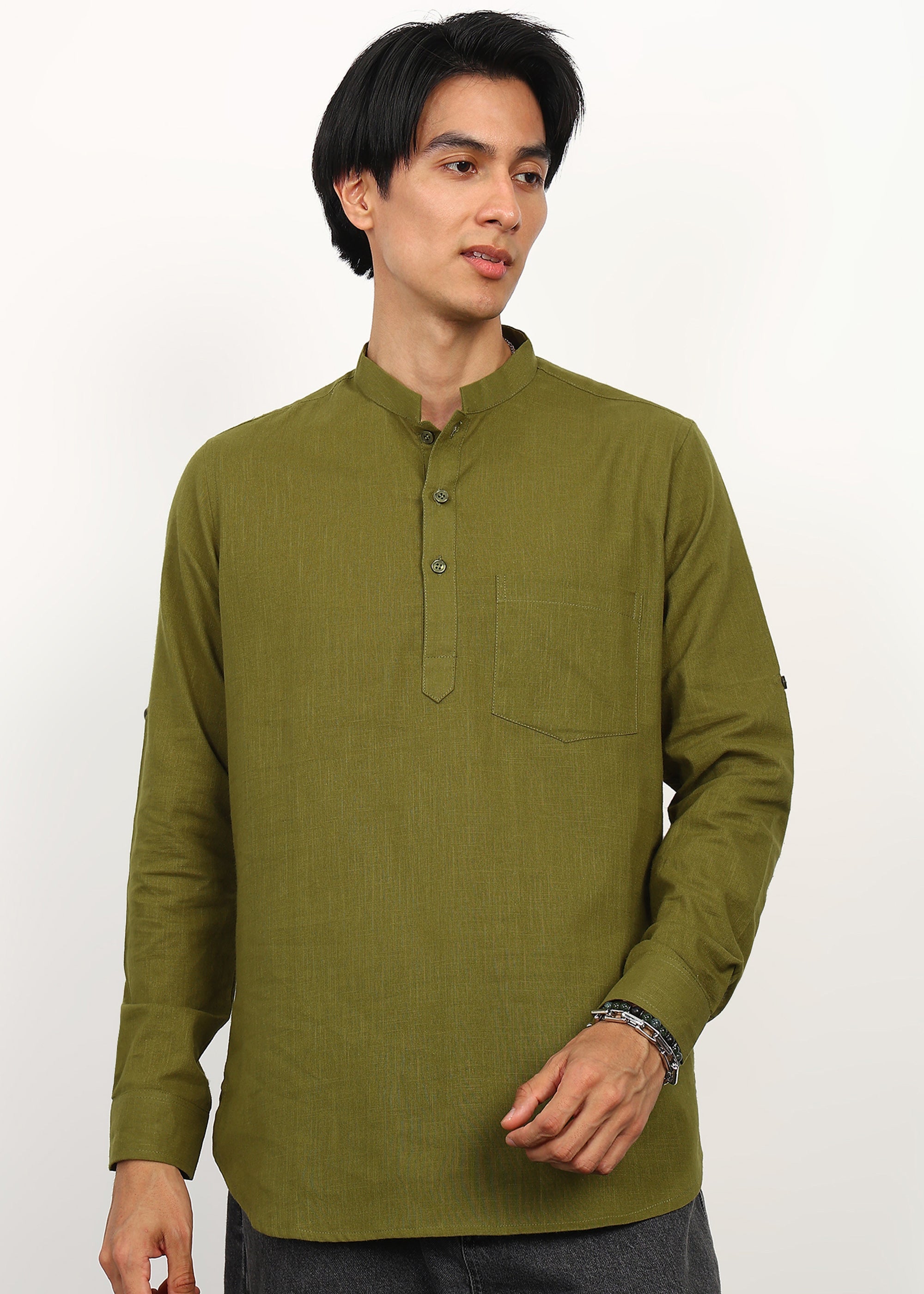 Fabmade Olive Still Linen Kurta - Distacart