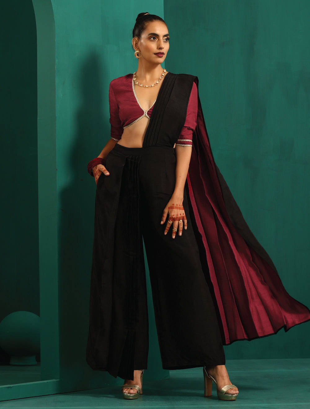 trueBrowns Black Silk Palazzo Stitched Saree - Distacart