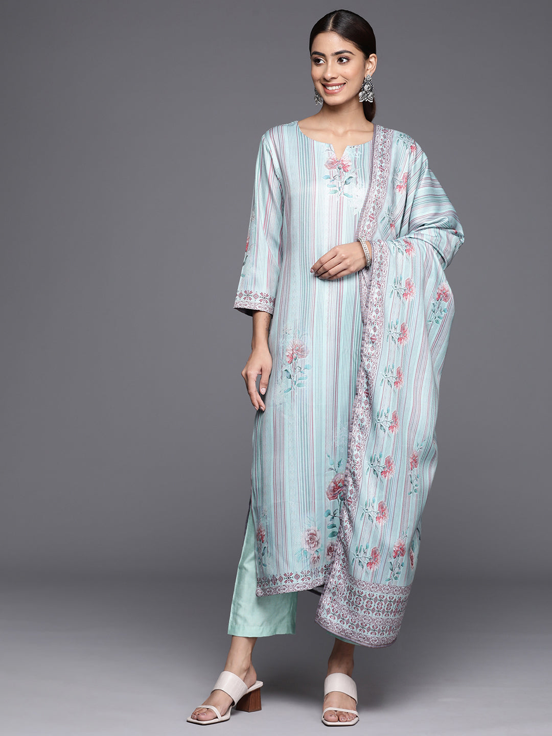 Varanga Women Blue Stripe Printed Straight Kurta Paired With Tonal Bottom And Dupatta - Distacart
