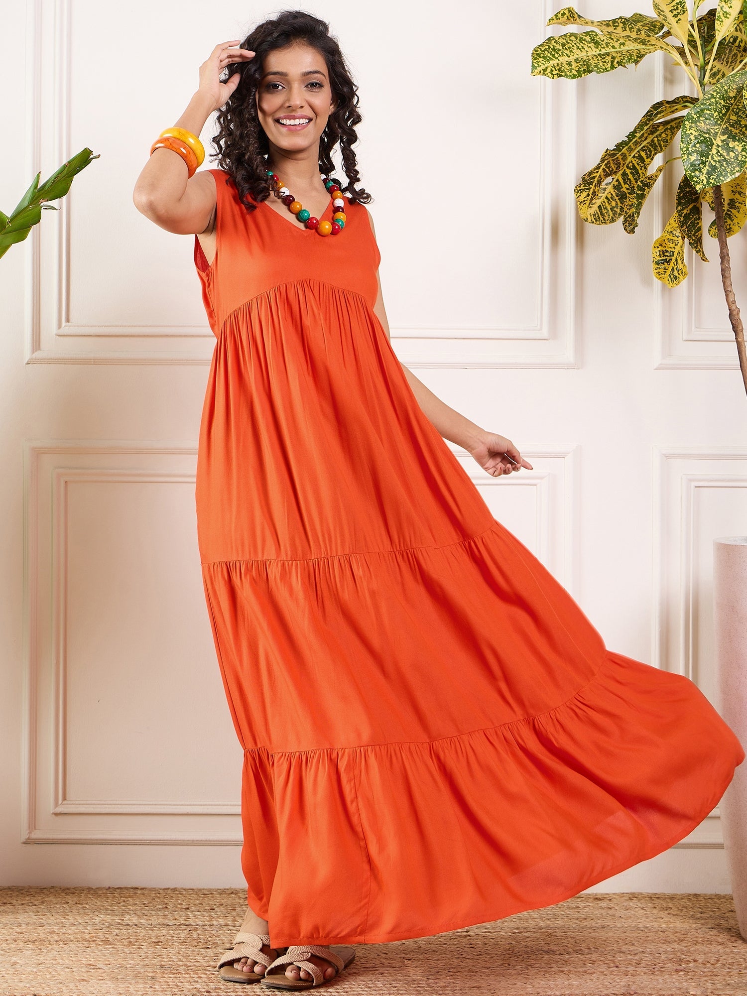 InWeave Orange V Neck Sleeveless Long Tiered Dress - Distacart
