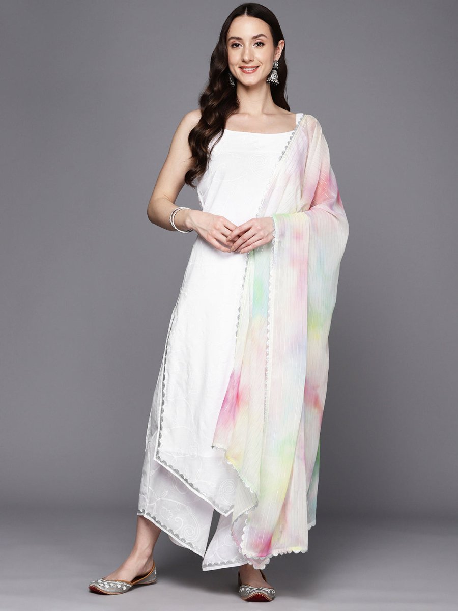 Ahalyaa Floral Embroidered Gotta Patti Pure Cotton Kurta With Palazzos & Dupatta - Distacart