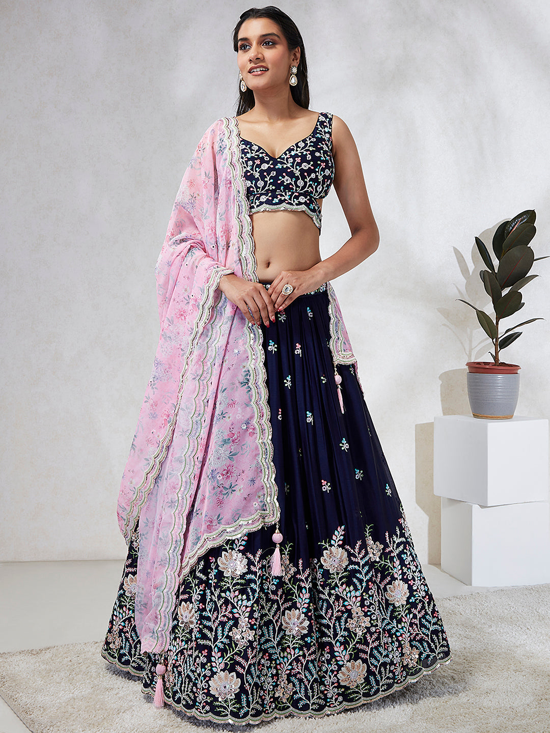 House of Panchhi Navy Blue Georgette Sequins, Mirror And Thread Embroidery Lehenga Choli & Dupatta - Distacart