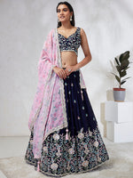 Thumbnail for House of Panchhi Navy Blue Georgette Sequins, Mirror And Thread Embroidery Lehenga Choli & Dupatta - Distacart