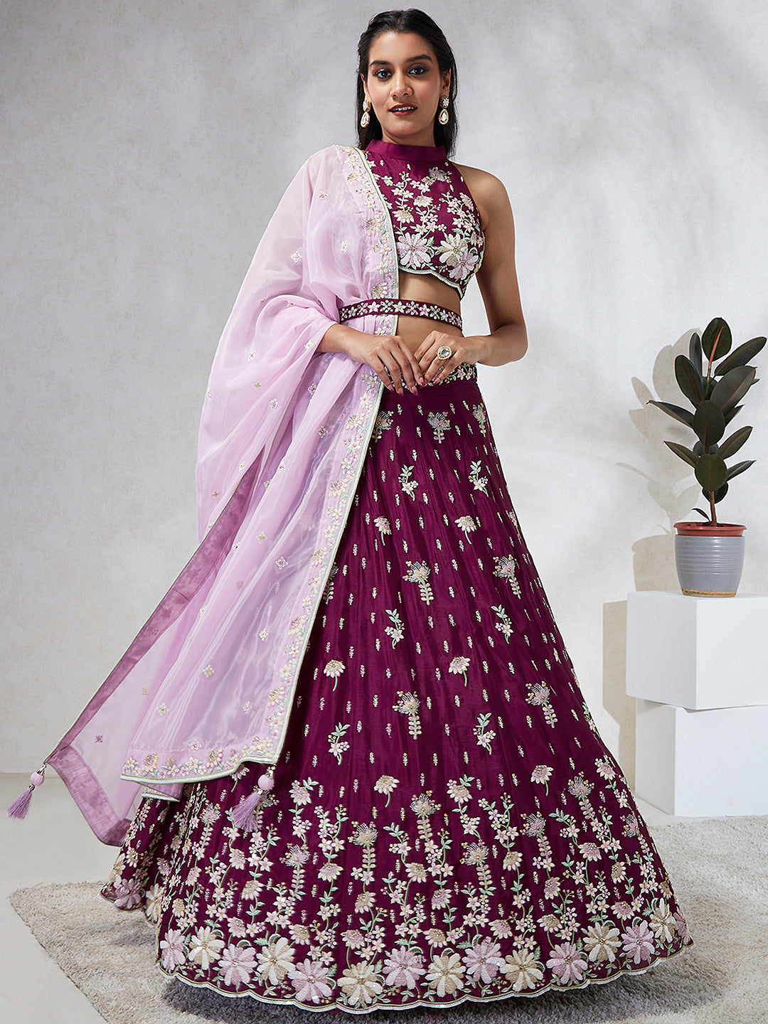 House of Panchhi Burgundy Pure Georgette Sequins And Thread Embroidery Lehenga Choli & Dupatta - Distacart