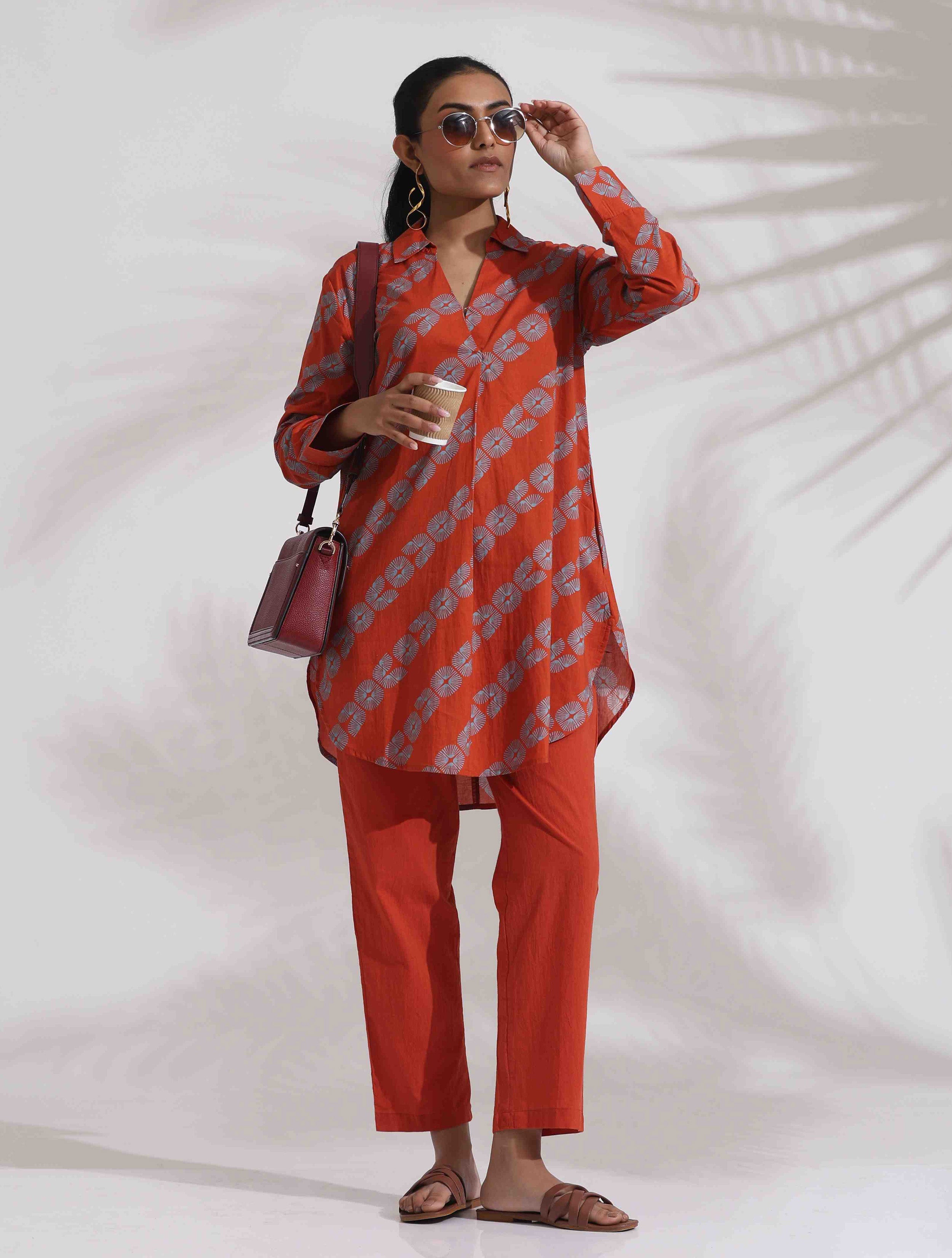 trueBrowns Orange Cotton Print Co-ord Set - Distacart