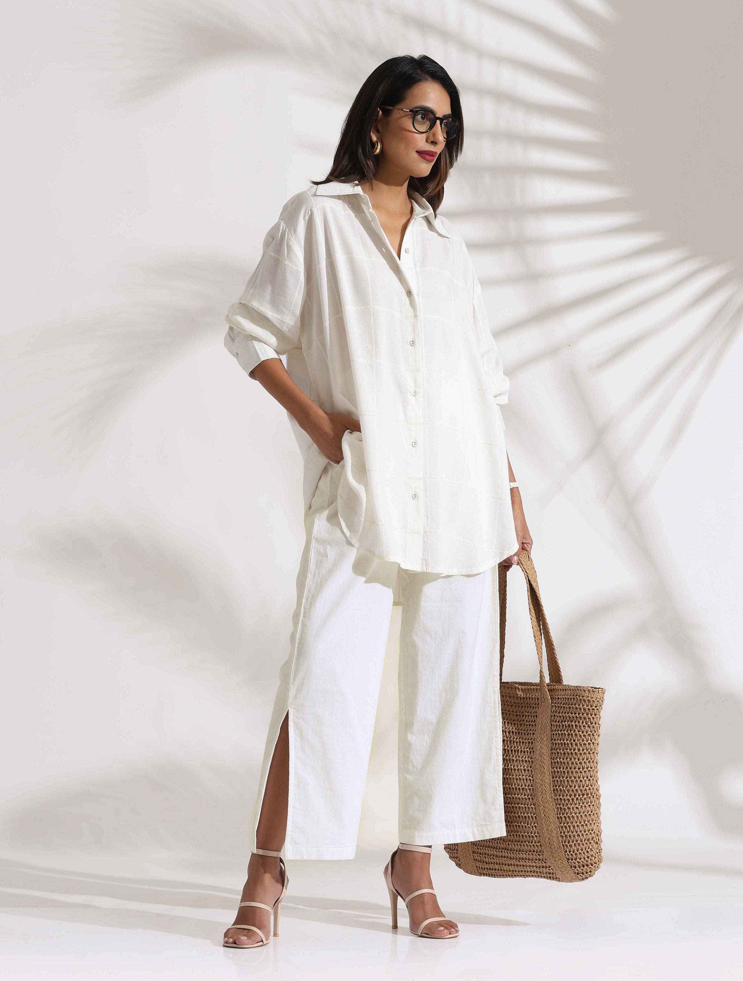 trueBrowns White Cotton Check Shirt Co-ord Set - Distacart