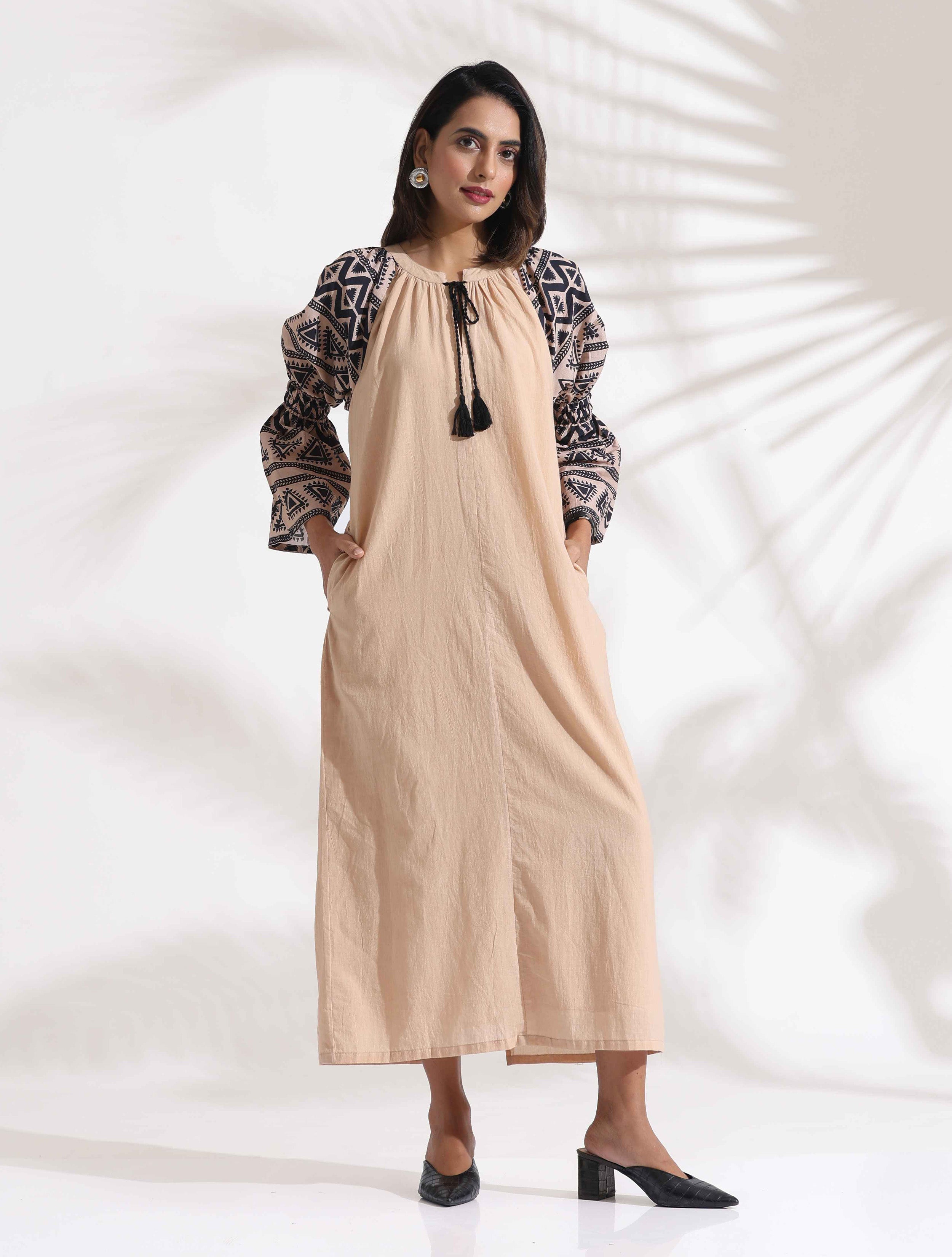 trueBrowns Beige Cotton Print Long Dress - Distacart