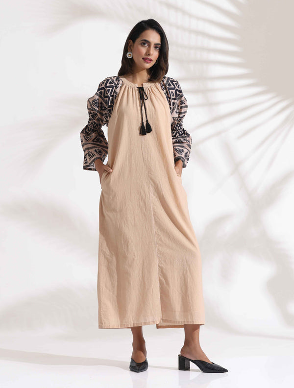 trueBrowns Beige Cotton Print Long Dress