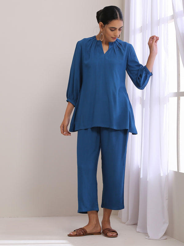 trueBrowns Classic Blue Dobby Pleated Co-Ord Set - Distacart