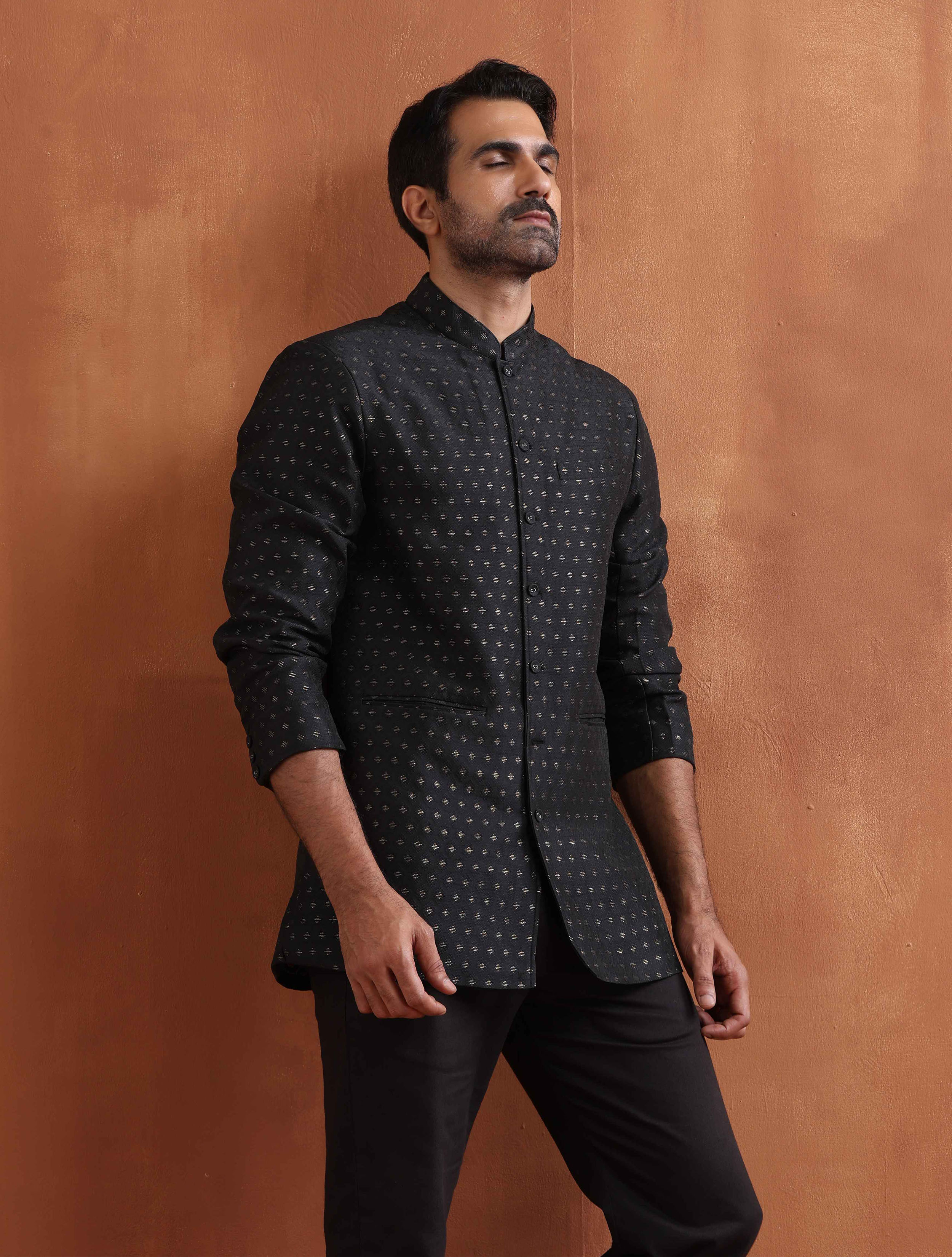 trueBrowns Men's Black Chanderi Long Jacket - Distacart