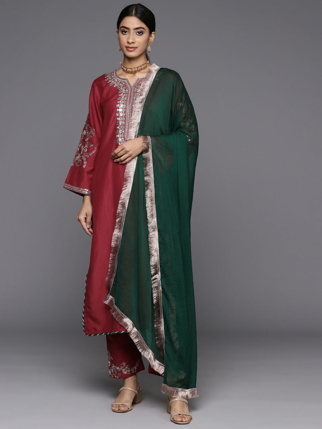 Varanga Women Maroon Round Neck Yoke Embroidered Straight Kurta Paired With Tonal Embroidered Bottom And Contrast Dupatta With Fringes - Distacart