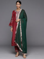 Thumbnail for Varanga Women Maroon Round Neck Yoke Embroidered Straight Kurta Paired With Tonal Embroidered Bottom And Contrast Dupatta With Fringes - Distacart