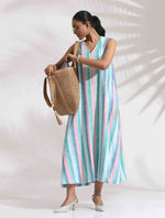 Thumbnail for trueBrowns Green Cotton Multi Stripe Flared Dress