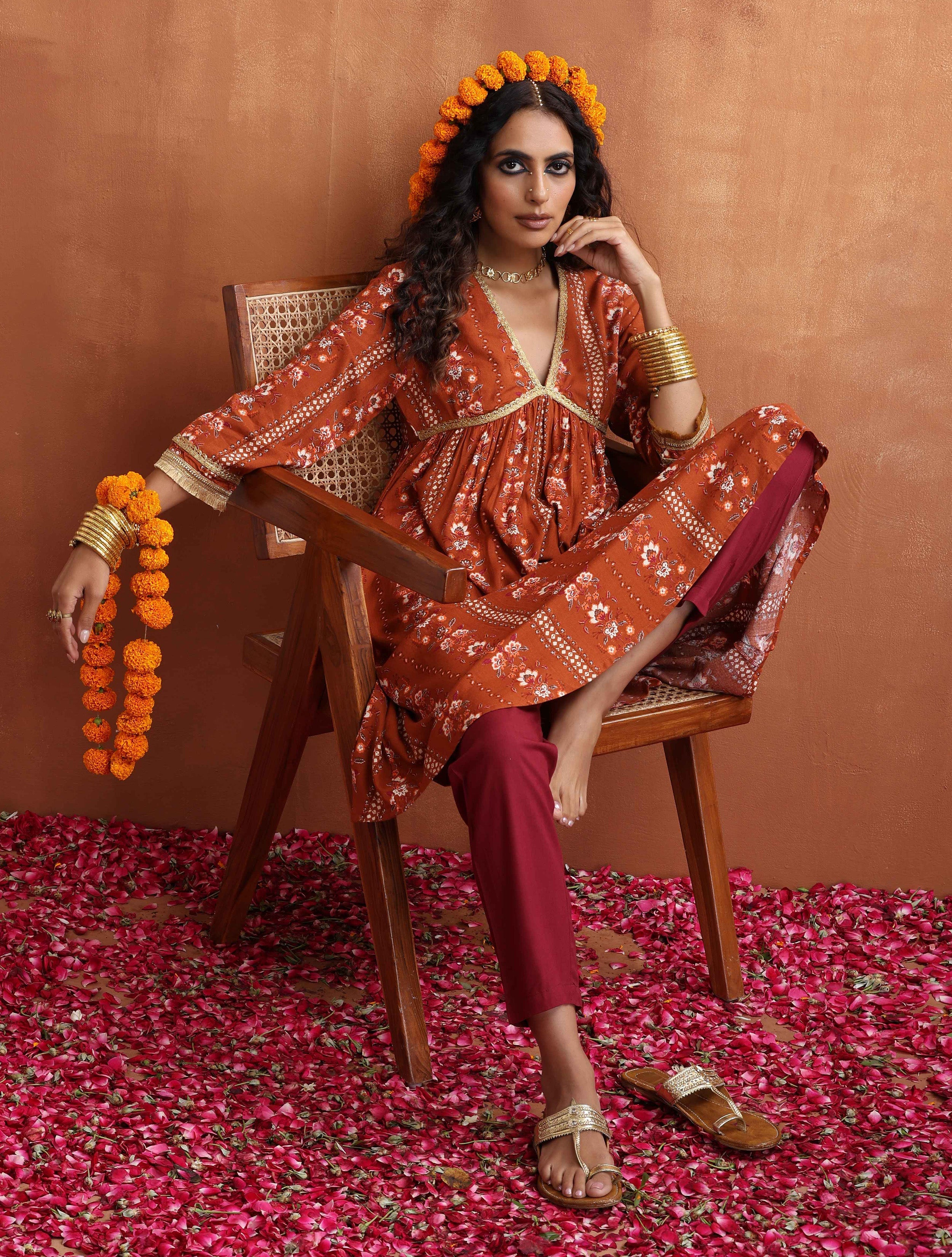 trueBrowns Orange Print Anarkali Kurta Co-ord Set - Distacart