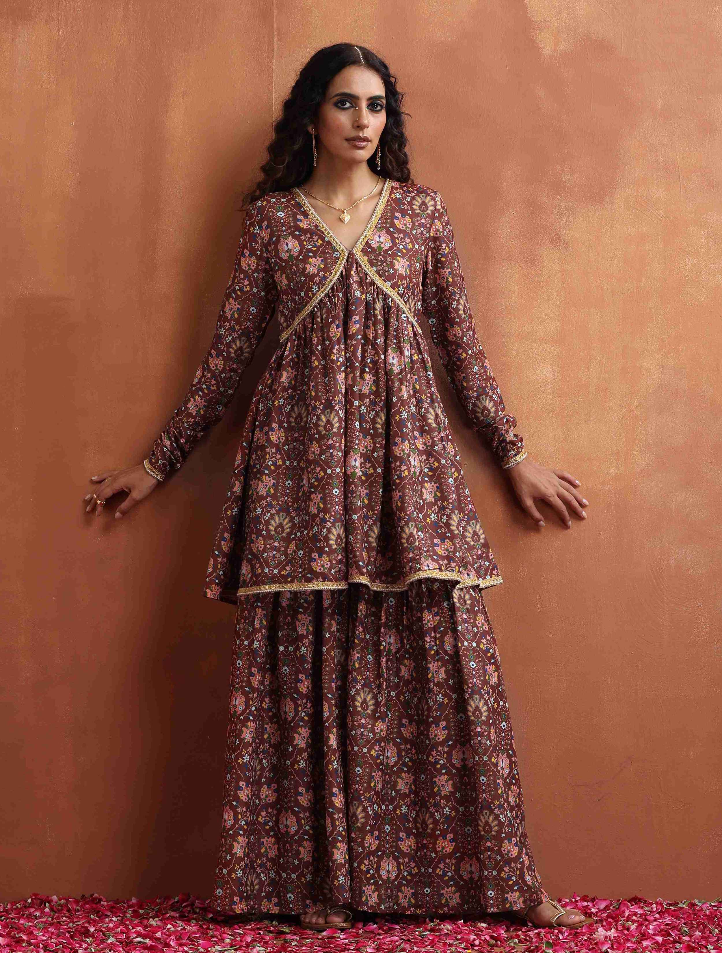 trueBrowns Brown Print Sharara Set - Distacart