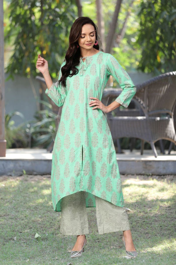 Ahika Sea Green Pure Cotton Ethnic Motifs Kurta Set